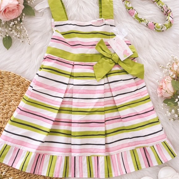 Chelsea’s Corner Other - Girls Striped Sundress with Lime Bow - Kids Dresses Casual
